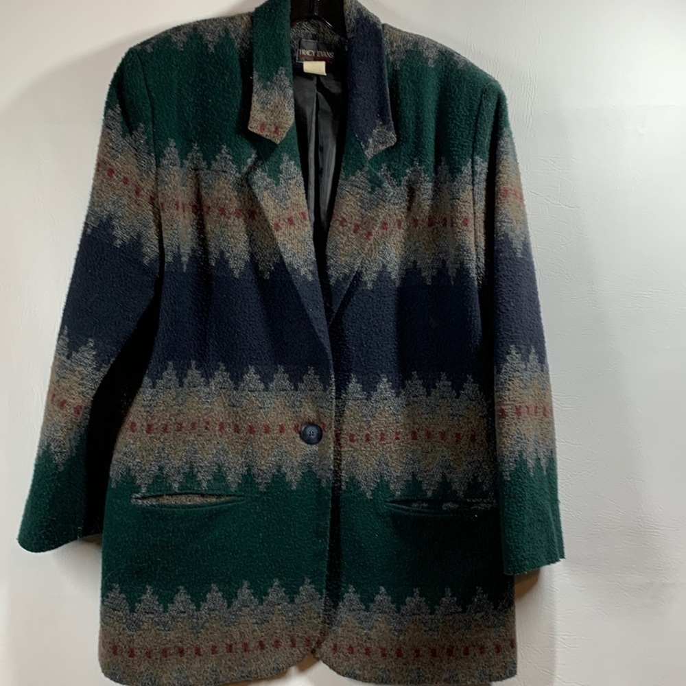 Vintage Tracy Evans Wool Blend Aztec/Southwestern Print Blazer, L